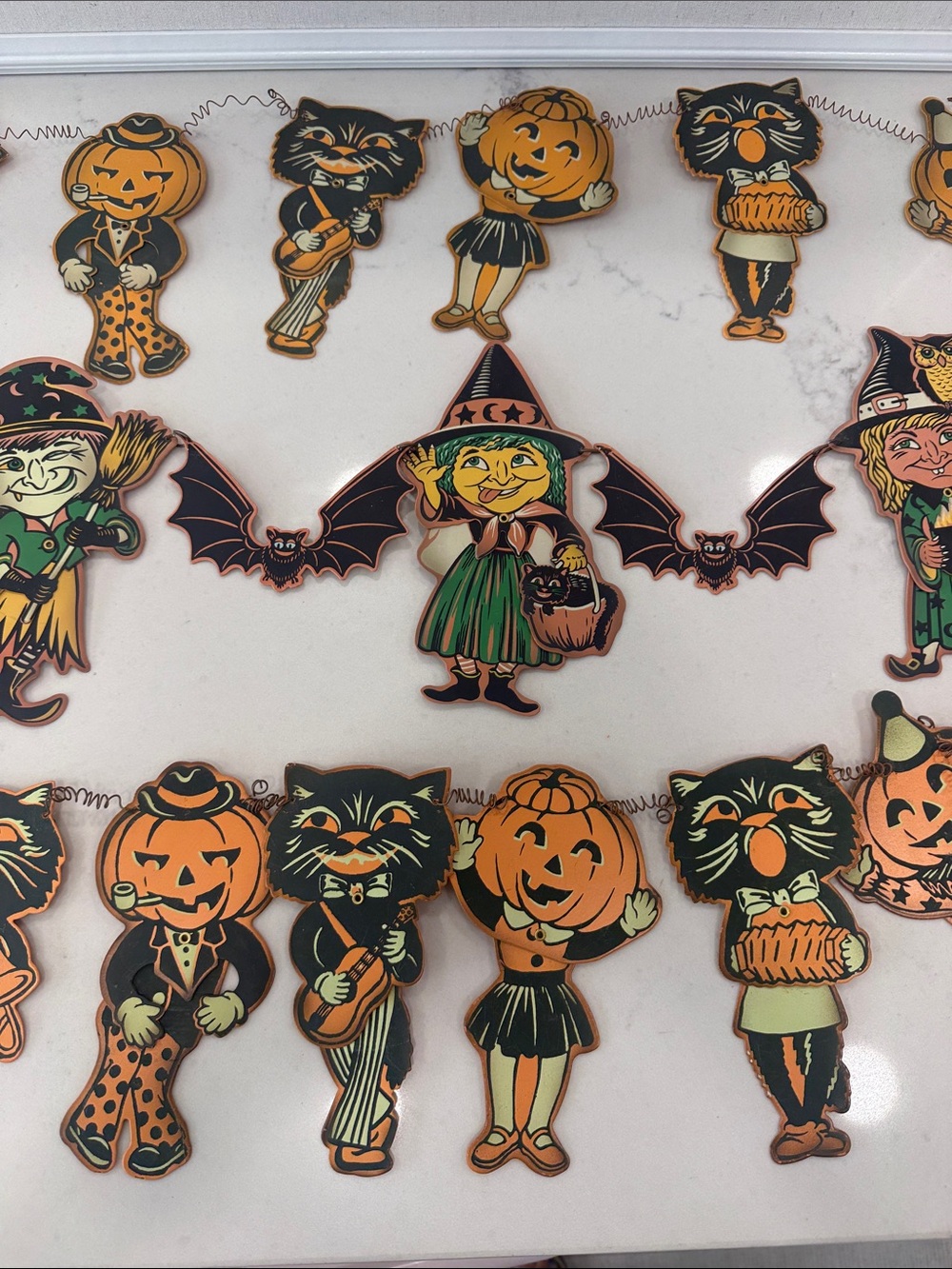 Vintage-Inspired Halloween Tin Cat- Orange & Green Witch Garland